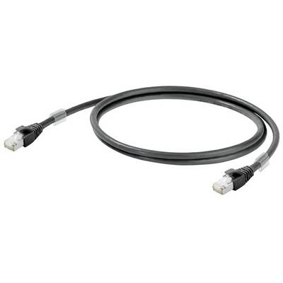 A black Ethernet cable with two RJ45 connectors at its ends lies in a loose loop.