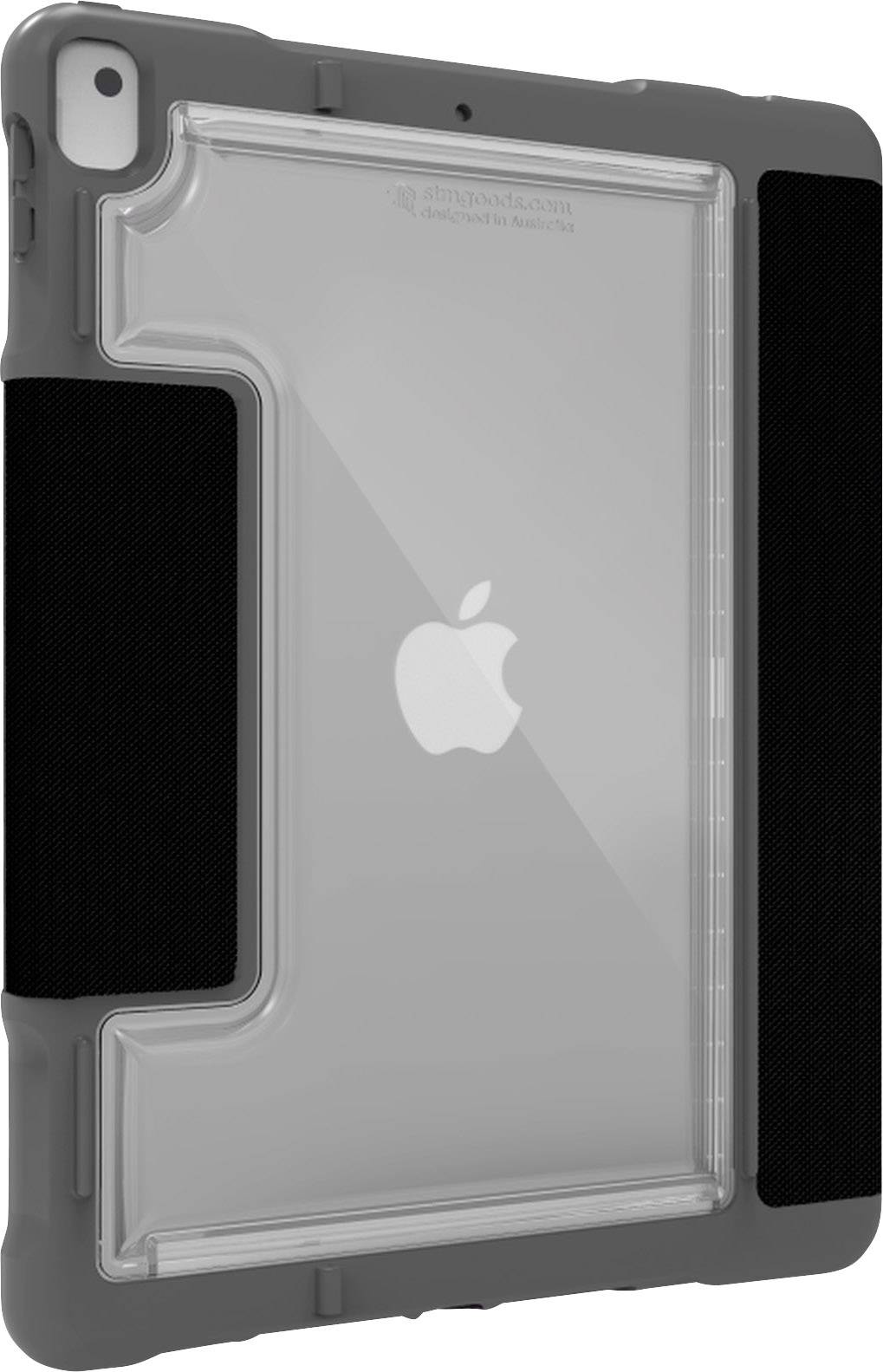 'Transparent iPad case with black frame; logo visible; offers protection and durability.'