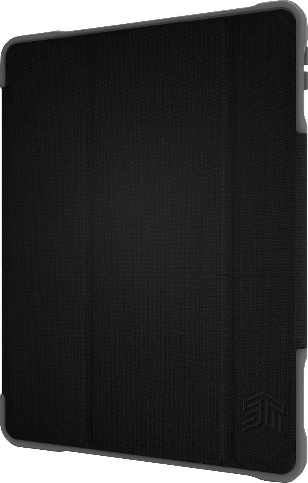 Black protective case for a tablet with textured surface, providing corner protection and sturdy back for additional grip.