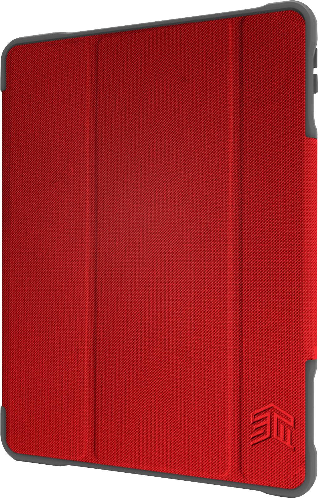 Red protective sleeve for a tablet with textured fabric and logo in the bottom corner.