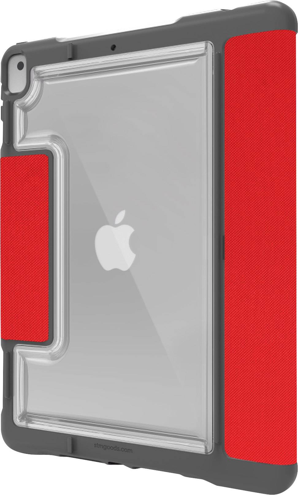 Tablet case with a transparent back and red sides, displaying the Apple logo in the centre.