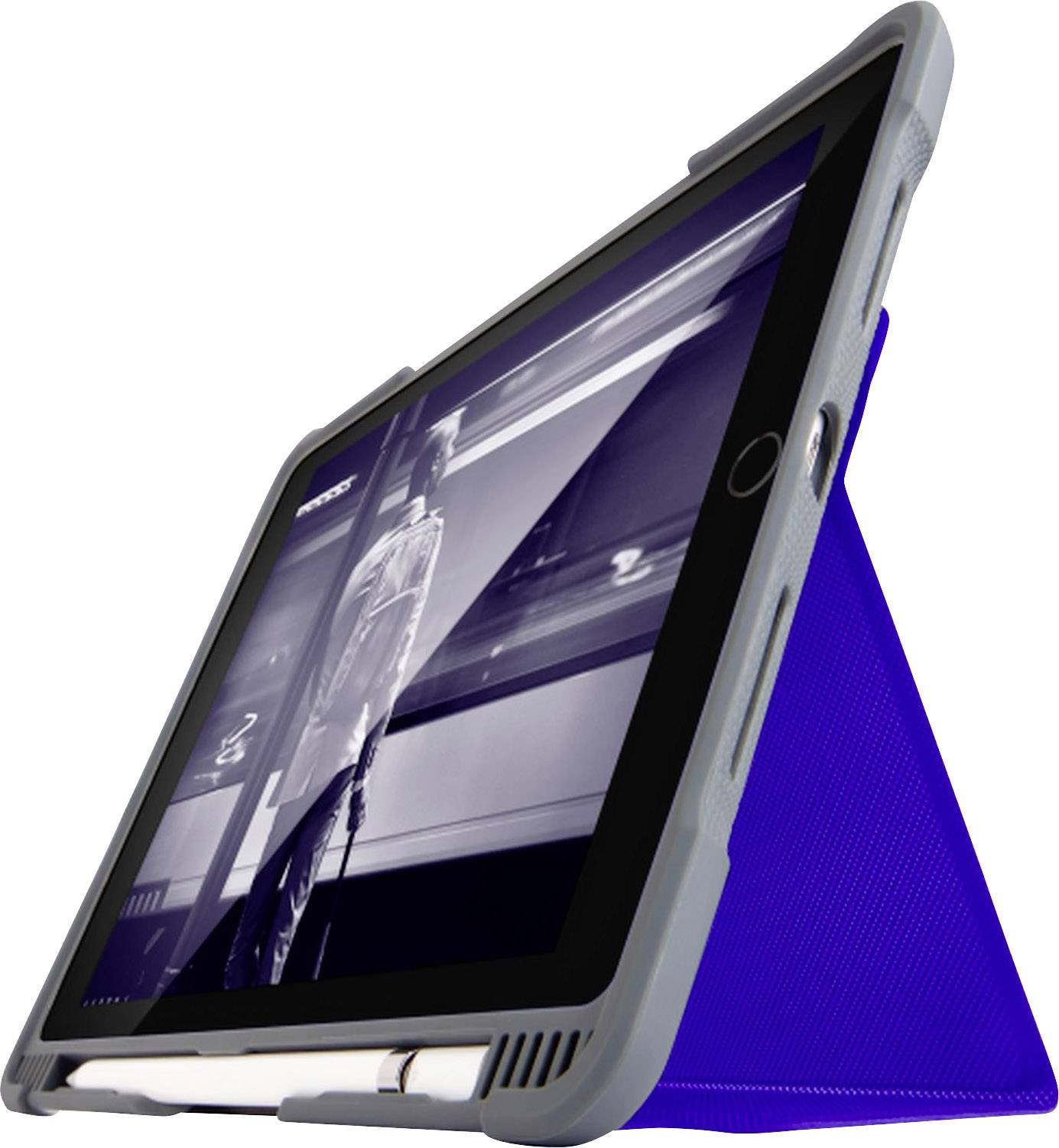 A tablet in a blue protective case stands in landscape mode, with the screen displaying a black and white photograph of a standing man.