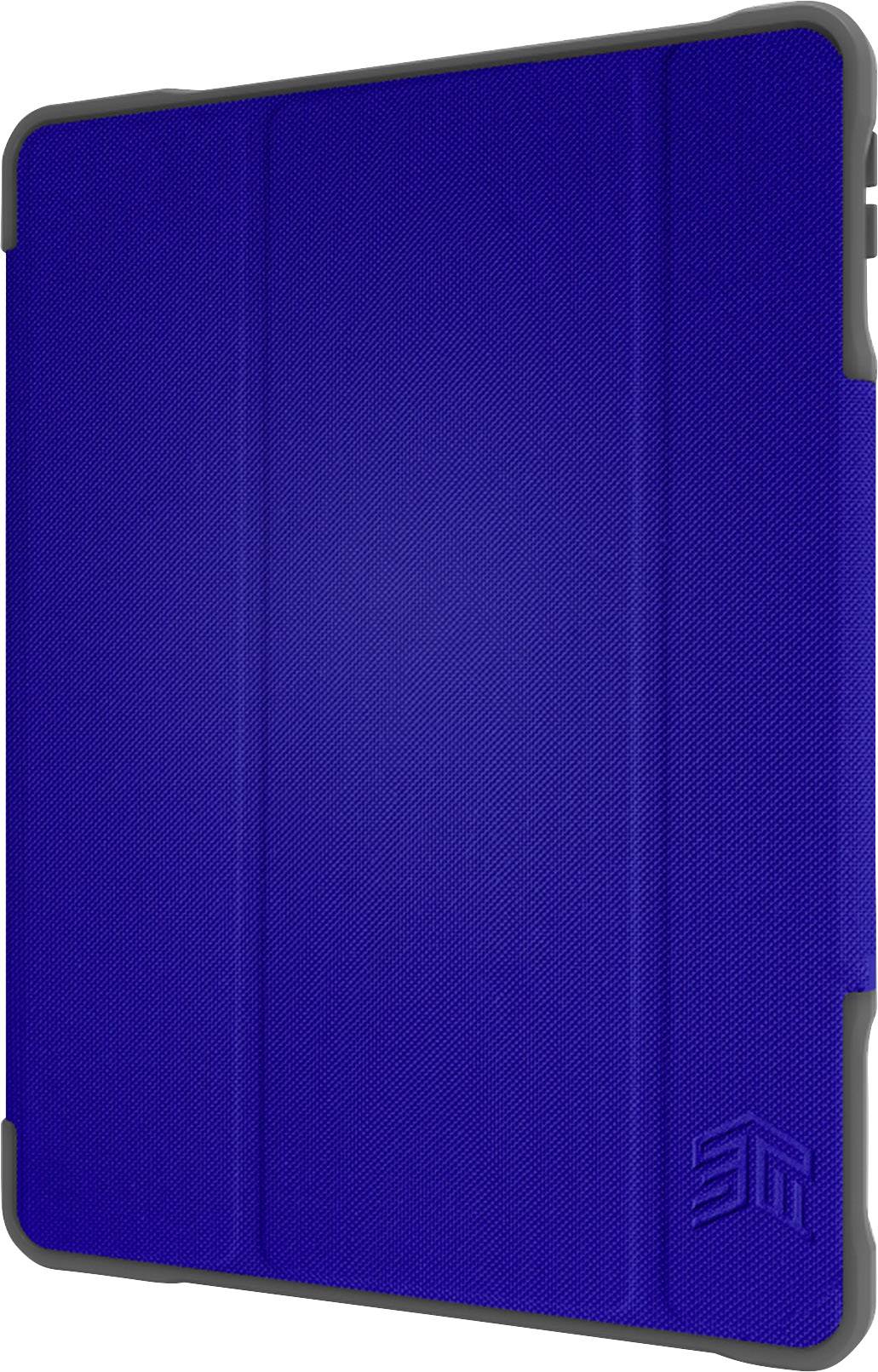 Blue protective cover for a tablet, standing upright. The material appears structured and provides protection. A logo is embossed in the bottom left corner.