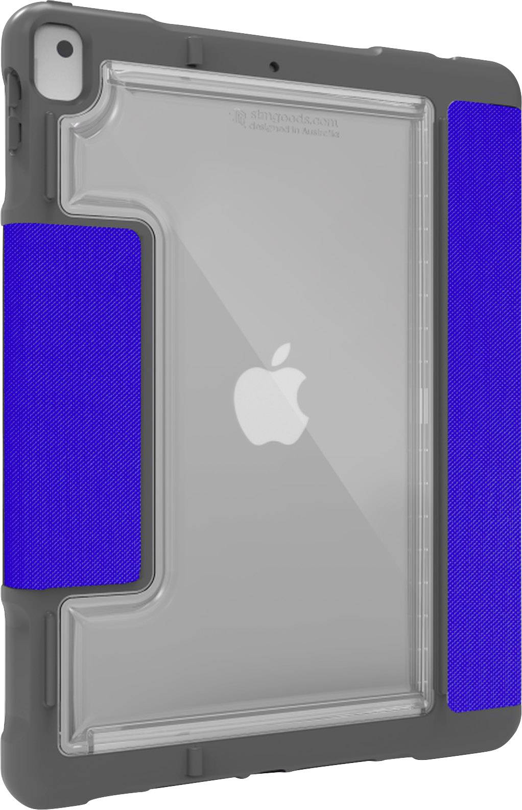 A robust, transparent tablet case with blue fabric sections and a prominently placed company logo.