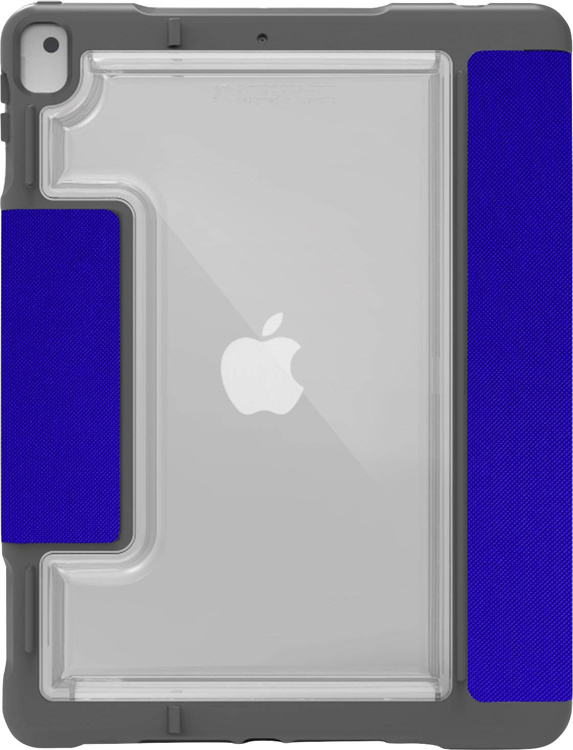 Grey tablet case with blue, textured sides. Back displays an Apple logo. Robust and stylish, providing secure grip.
