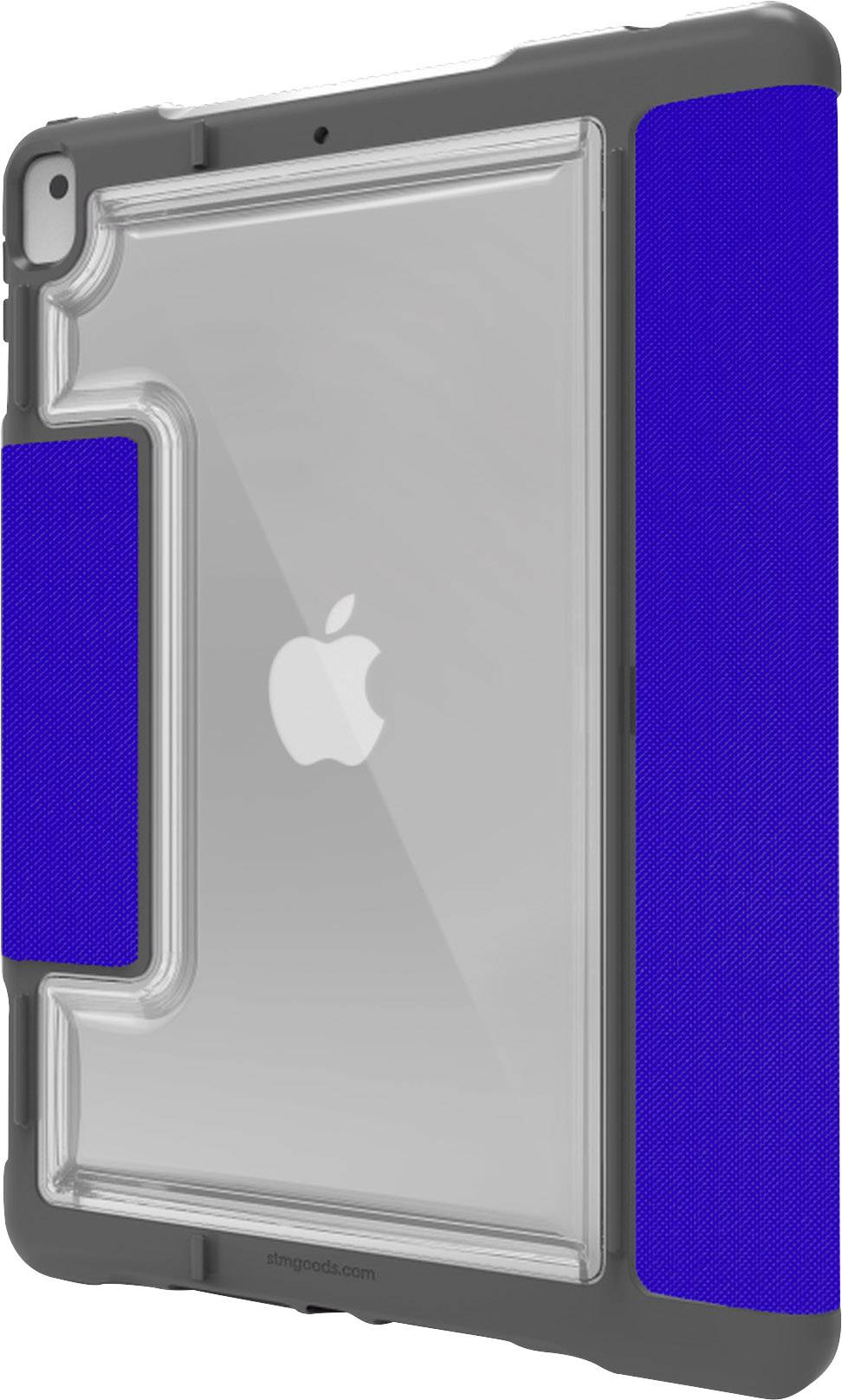 A transparent tablet case with blue side cushions that allows the Apple logo on the back to remain visible.
