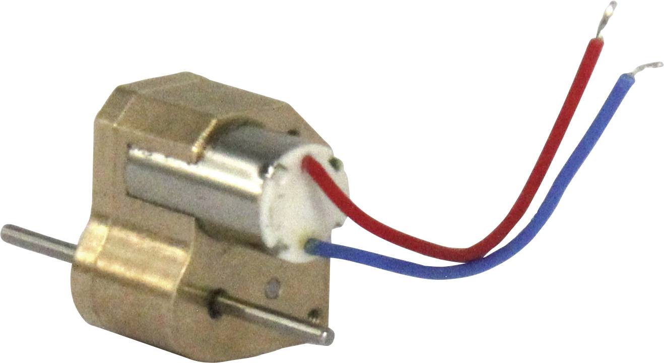 A tiny electric motor with two protruding wires, one red and one blue. The motor is cylindrical and rests on a gold-coloured mounting.