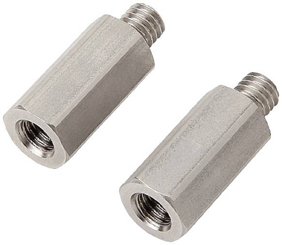 Two silver hexagonal spacer bolts with internal and external threads. They serve as spacers in mechanical or electronic applications.