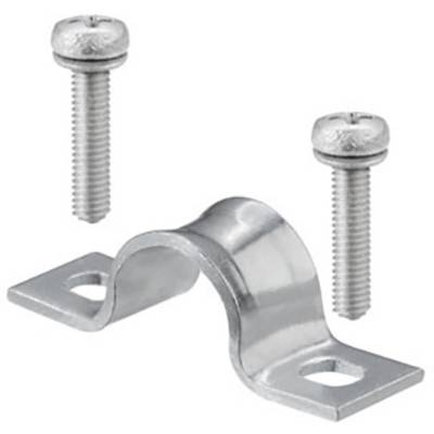Metal fixing bracket with two screws, for securing pipes or cables to a surface.