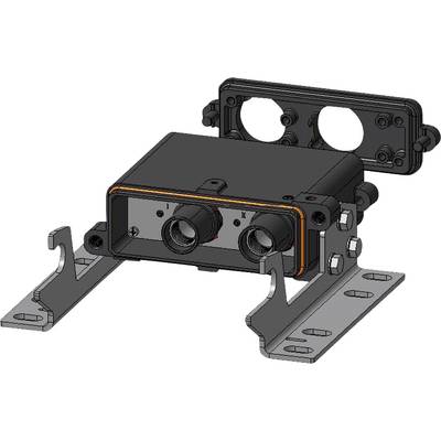 Industrial camera with two lenses, mounted on a metal frame; used for machine monitoring or control.