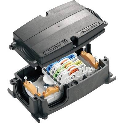 A black electrical enclosure is open, revealing colourful connection terminals inside. At the top, 'Weidmüller' and 'FIELD POWER' are displayed.