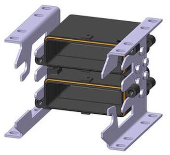 Two rectanglar black enclosures stacked on top of each other, with orange edges, surrounded by lilac brackets.