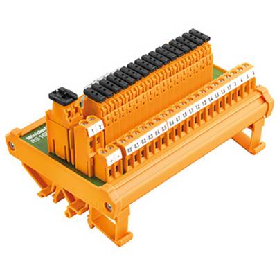 Connected orange electronic terminal block with black connectors, used for electrical installations.