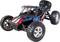 A remote-controlled car with large tyres and blue and red paintwork. It has front, bright headlamps and a robust design.
