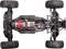 The image shows the underside of a remote-controlled car with a visibly detailed suspension and tyres. Electronic components are visible.