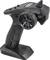 A black, handheld remote control with control buttons and a large side wheel, used for controlling models.