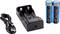 Two-slot charger with two blue 'Model No. 18650' batteries and a USB cable. Batteries are rechargeable.