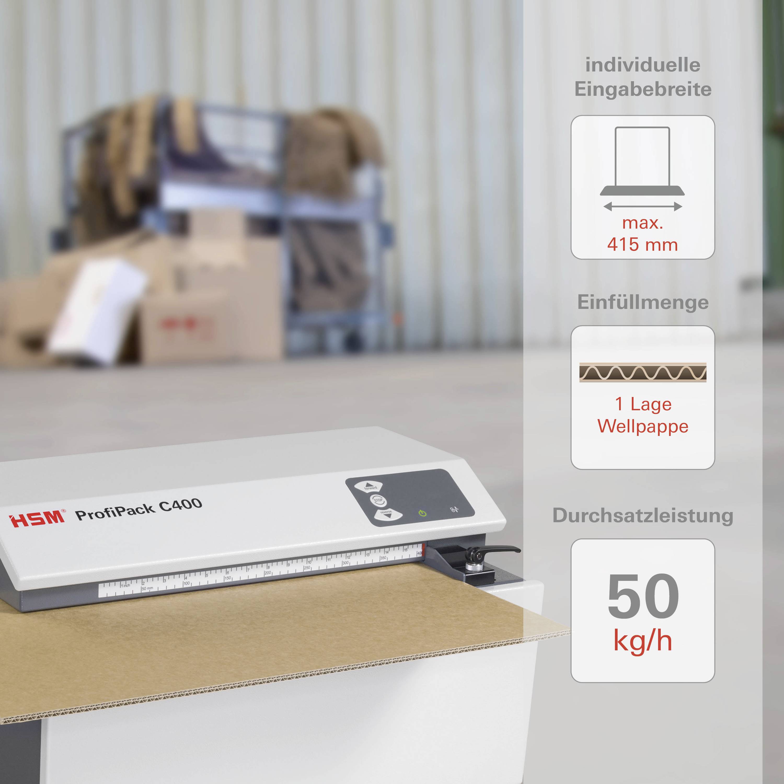 'Cardboard shredder cuts cardboard. Inscription: Individual input width, max. 415 mm, Loading capacity 1 layer of corrugated cardboard, Throughput performance 50 kg/h.'