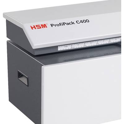 Paper shredder machine 'HSM ProfiPack C400' in close-up, showing upper cover and side handle.