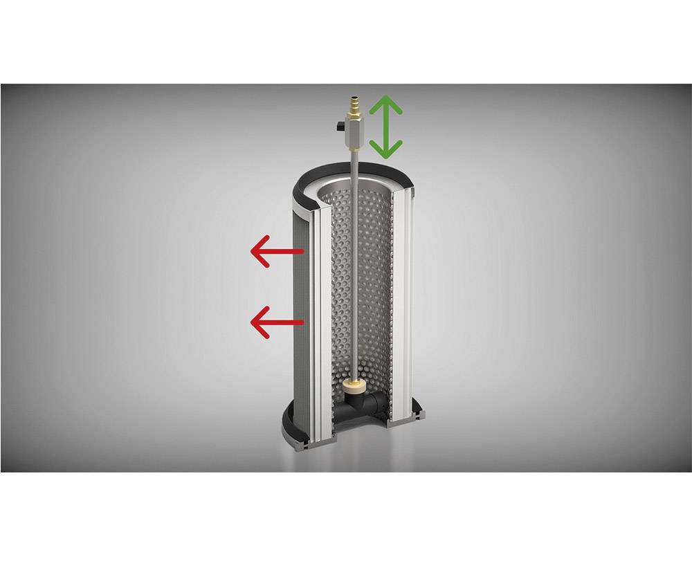 Figure of a technical device with a red arrow to the side, green arrows pointing up and down. Enclosed by walls.