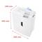 A white paper shredder measuring 245 mm x 445 mm x 345 mm. The control panel is visible on top, and there is a blue slip of paper inside it.