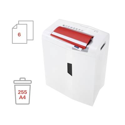 A white paper shredder is destroying red sheets. On the left, symbols indicate: '6' sheet capacity, '255 A4' bin capacity.