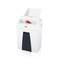 A white paper shredder is shredding a red sheet of paper.