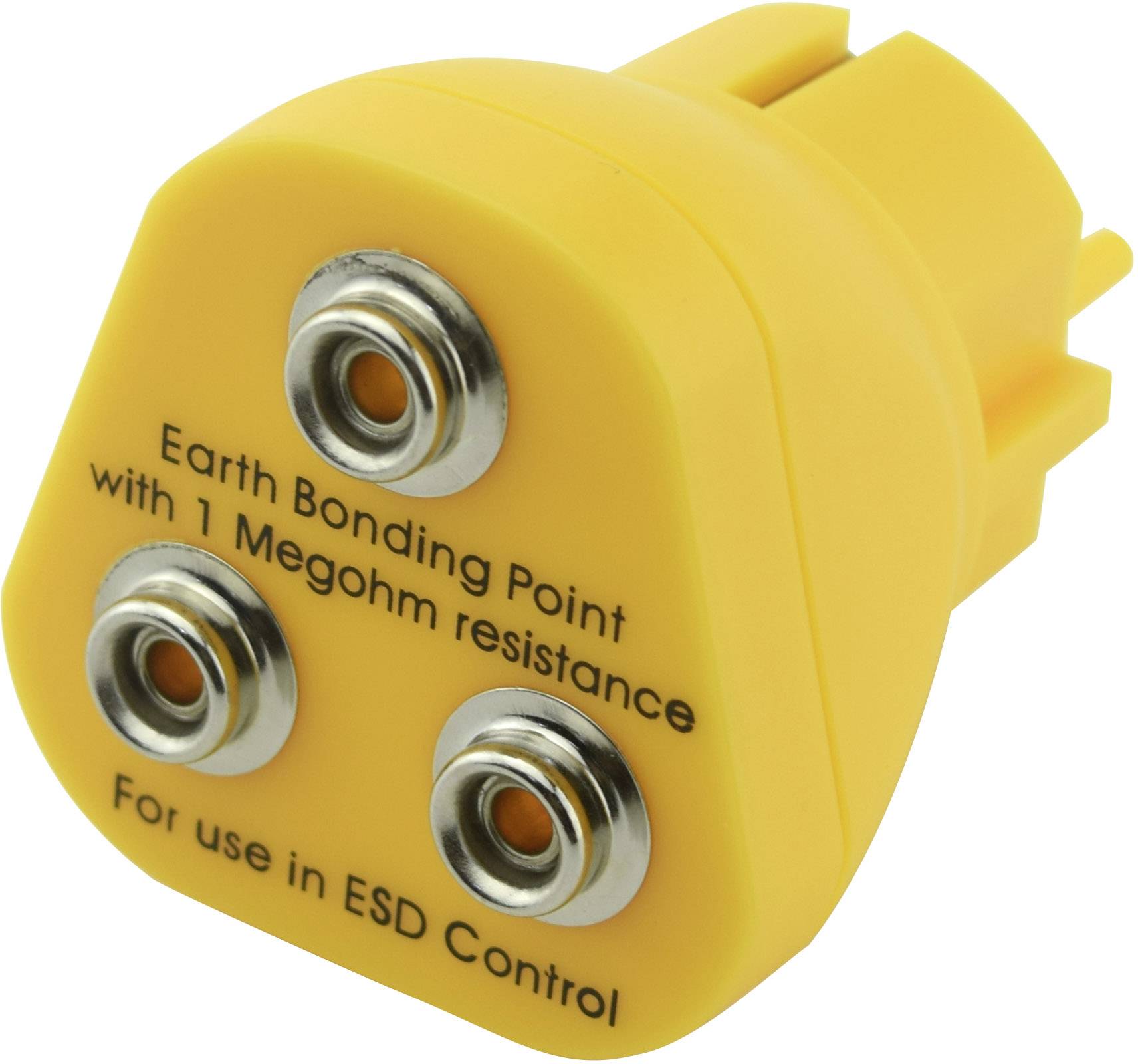 Yellow earthing plug with three metal sockets and inscription 'Earth Bonding Point with 1 Megohm resistance. For use in ESD Control'.