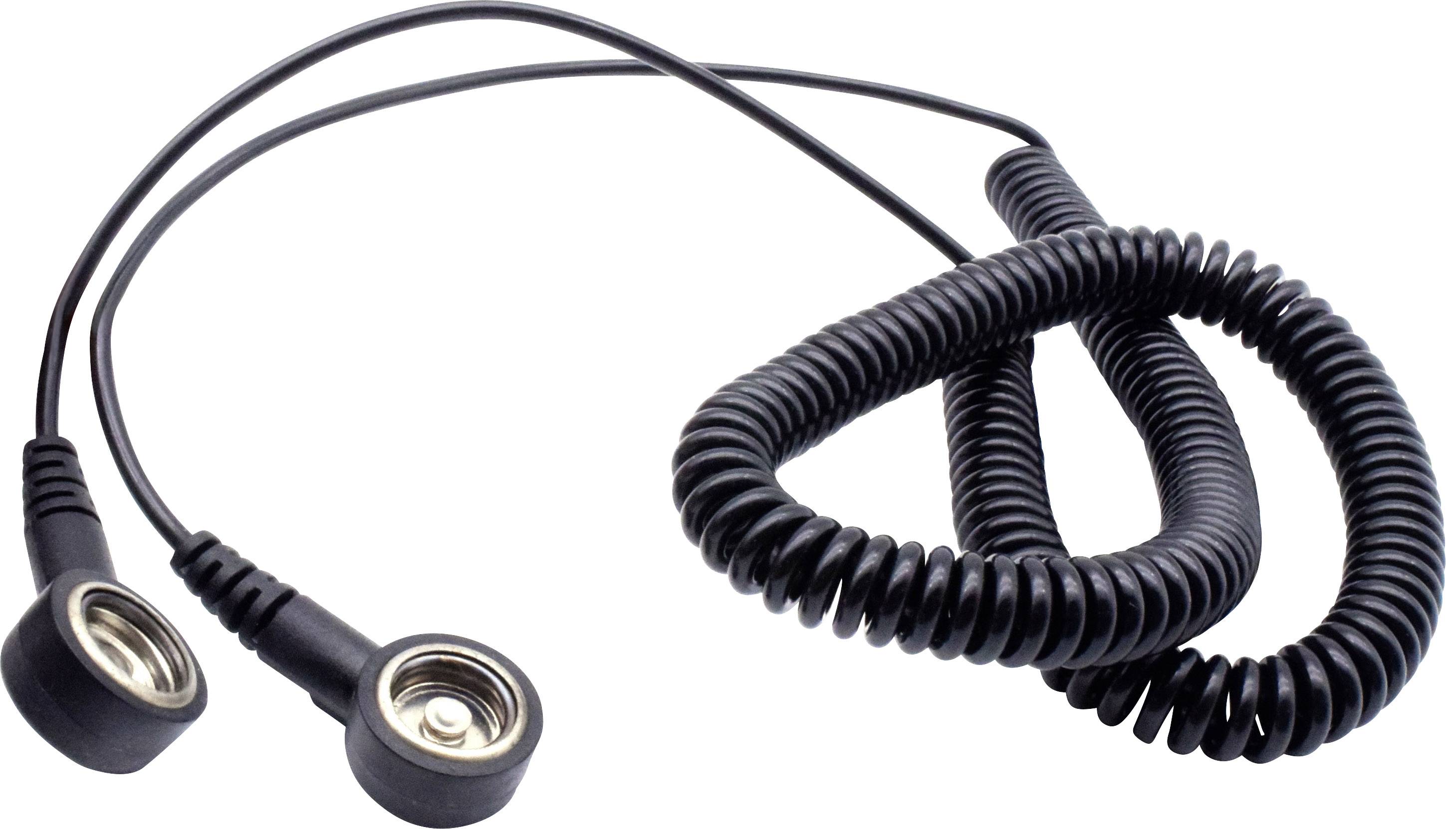 Black spiral cable with two round metal ends, used for connecting devices.