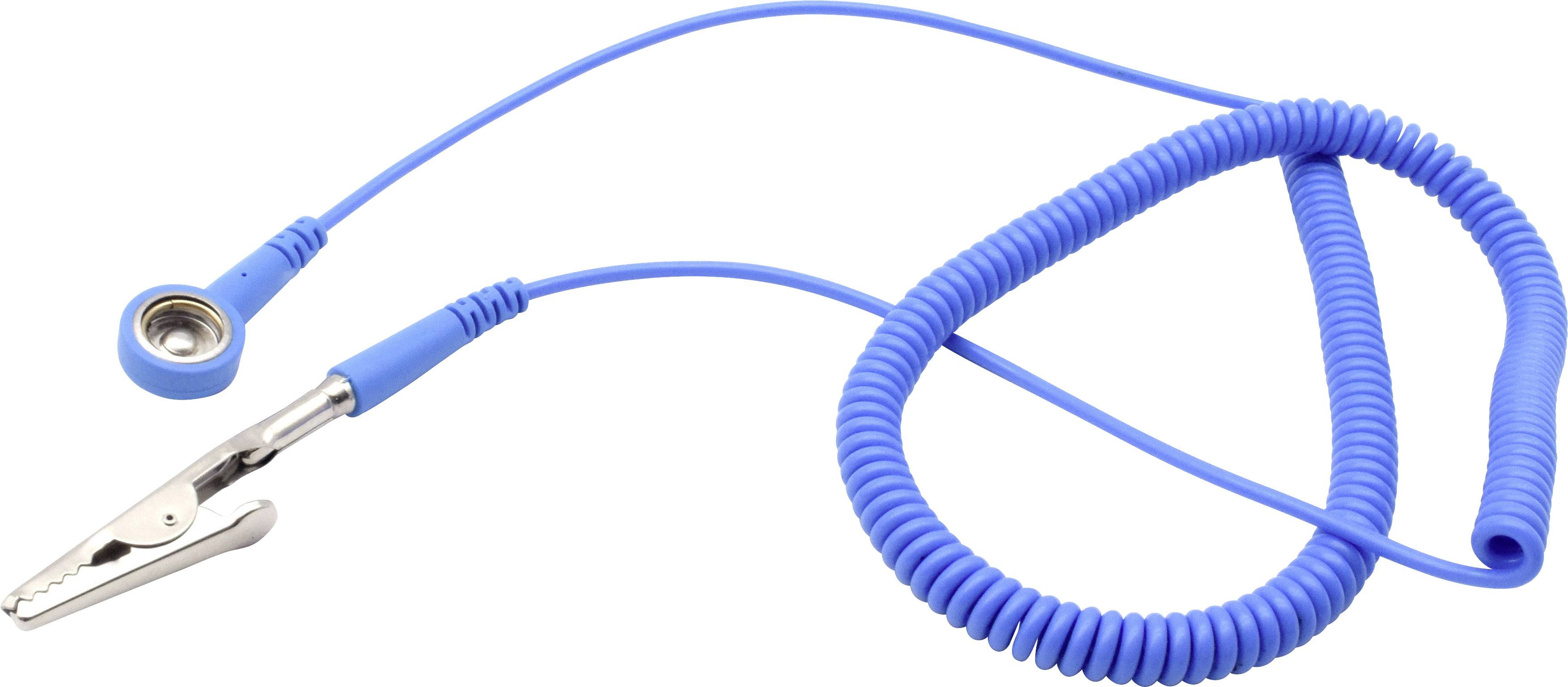 A blue, spiral-shaped earthing cable with a clip at the end, used for electrostatic discharge protection.