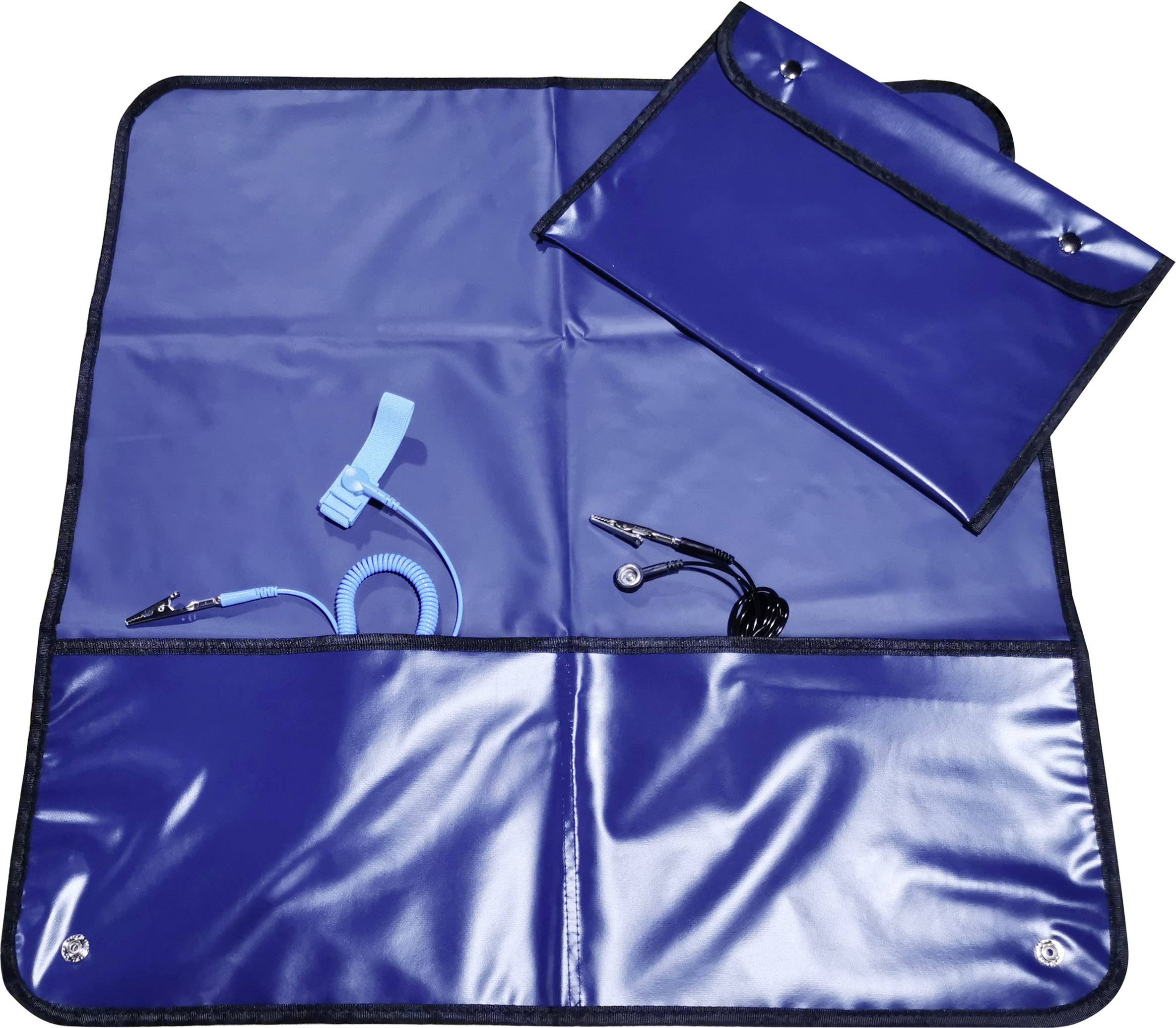 A blue tool set with an unrolled mat, two elastic bands with clips, and a closed bag in the top right corner.