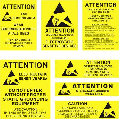 Eight yellow warning notices for electrostatically sensitive devices. They demand caution and proper earthing when handling and accessing.