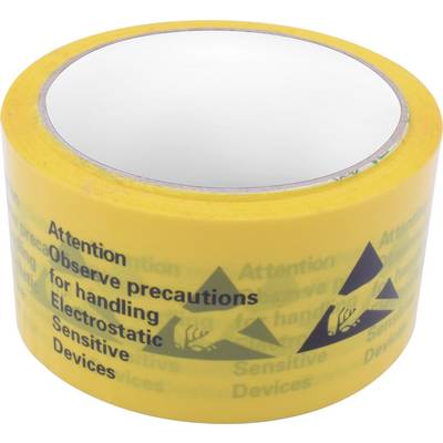 Yellow adhesive tape with black lettering 'Attention: Observe precautions for handling Electrostatic Sensitive Devices'.
