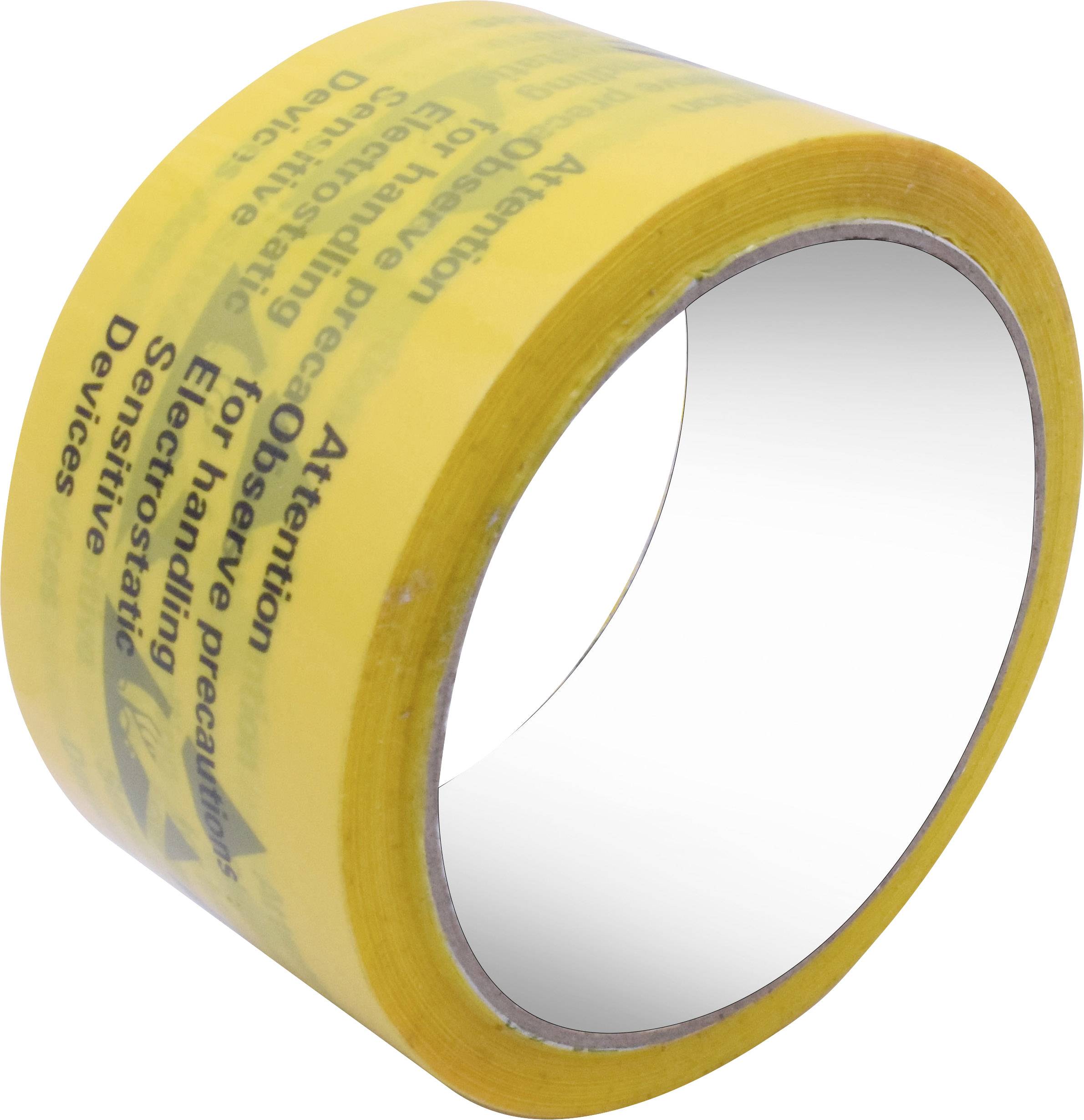 A yellow roll of adhesive tape printed with 'Attention: Observe precautions for handling electrostatic sensitive devices'.