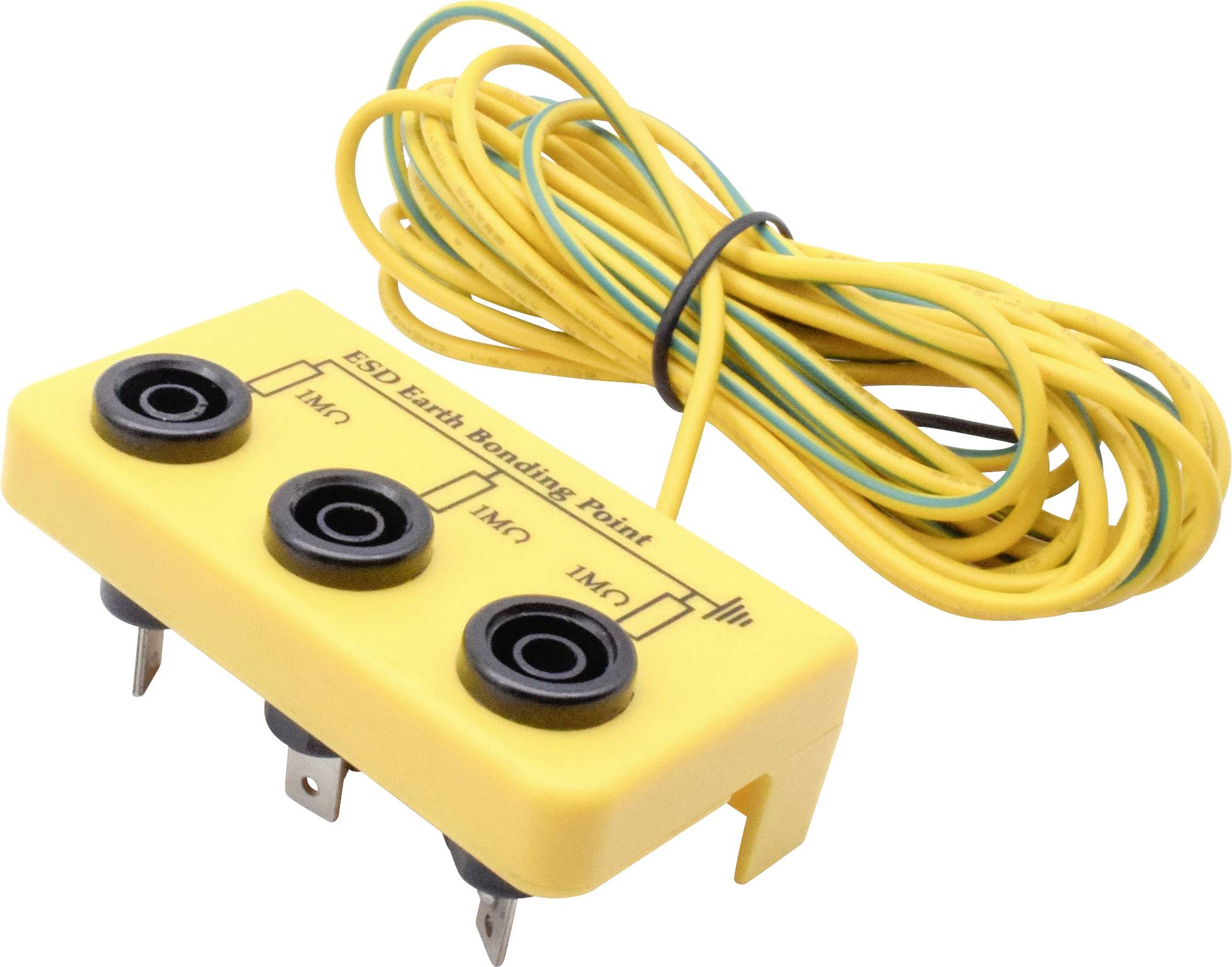 Yellow ESD earthing module with three terminals and a yellow-green cable. Labelled with '1 MΩ' on each terminal.