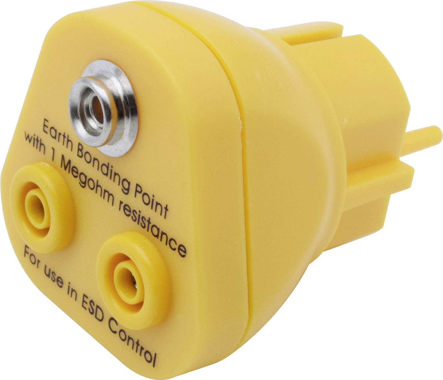 Yellow earthing connection device with marking 'Earth Bonding Point with 1 Megohm resistance. For use in ESD Control'.