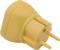 Yellow Schuko adaptor plug, suitable for EU power sockets, featuring two metal pins and a robust plastic casing.