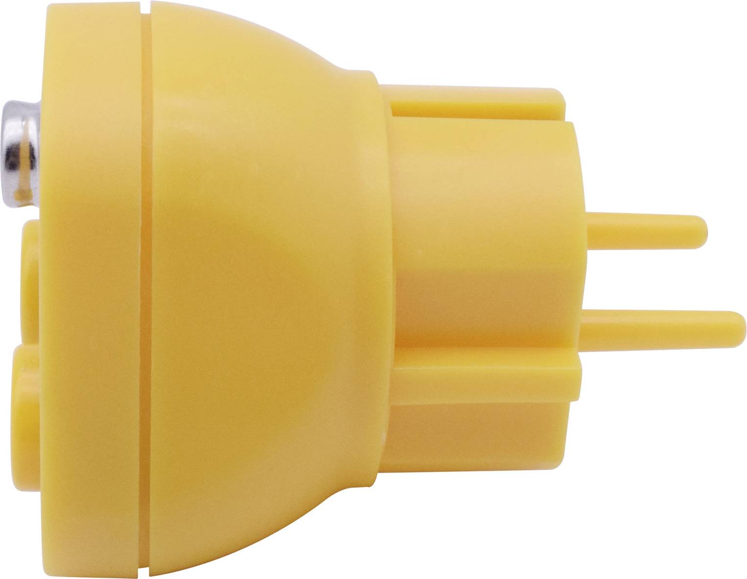 Yellow two-pin adaptor plug with a metal contact ring, side view.