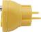 Yellow two-pin adaptor plug with a metal contact ring, side view.