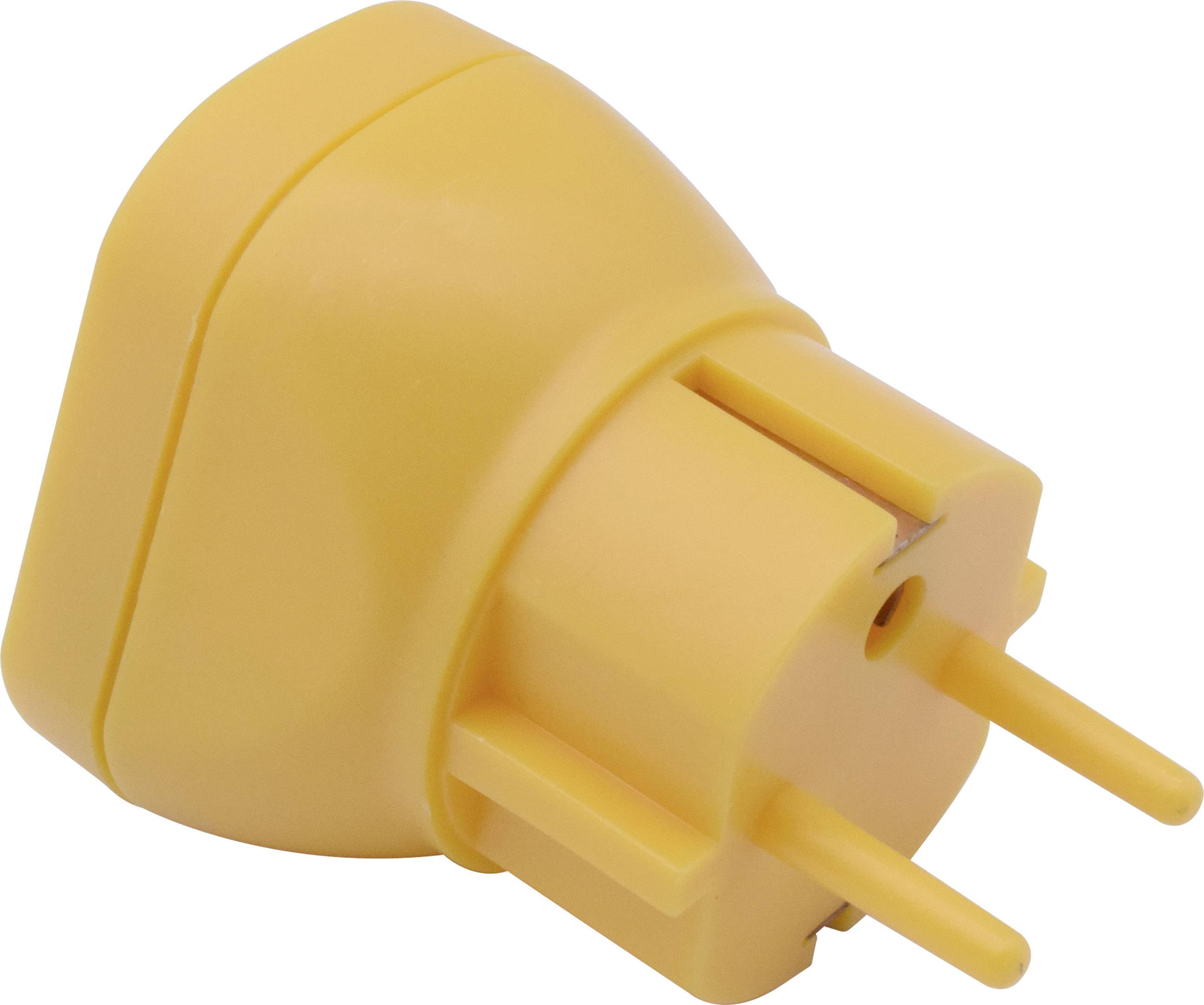 A yellow socket adapter with two round pins. Suitable for connection to a European power socket.