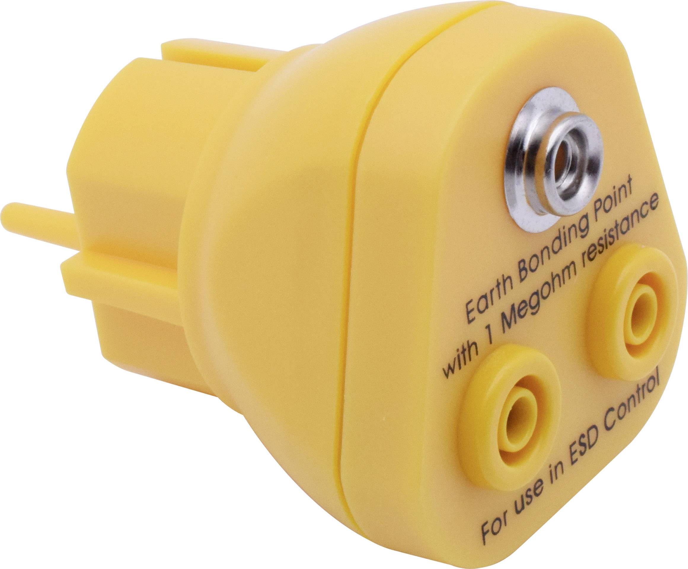 Yellow earth bonding plug with two terminals and inscription: 'Earth Bonding Point with 1 Megohm resistance. For use in ESD Control.'