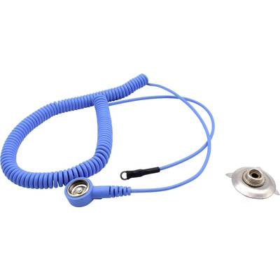 Blue spiral cable with metal contacts at both ends, presumably for antistatic earthing, on a white background.