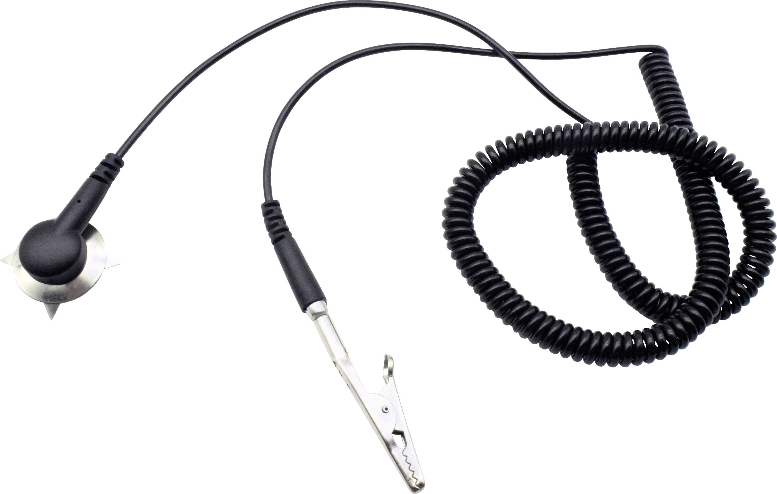 A spiral black cable lead with a crocodile clip end and a round metal contact for electronic applications.