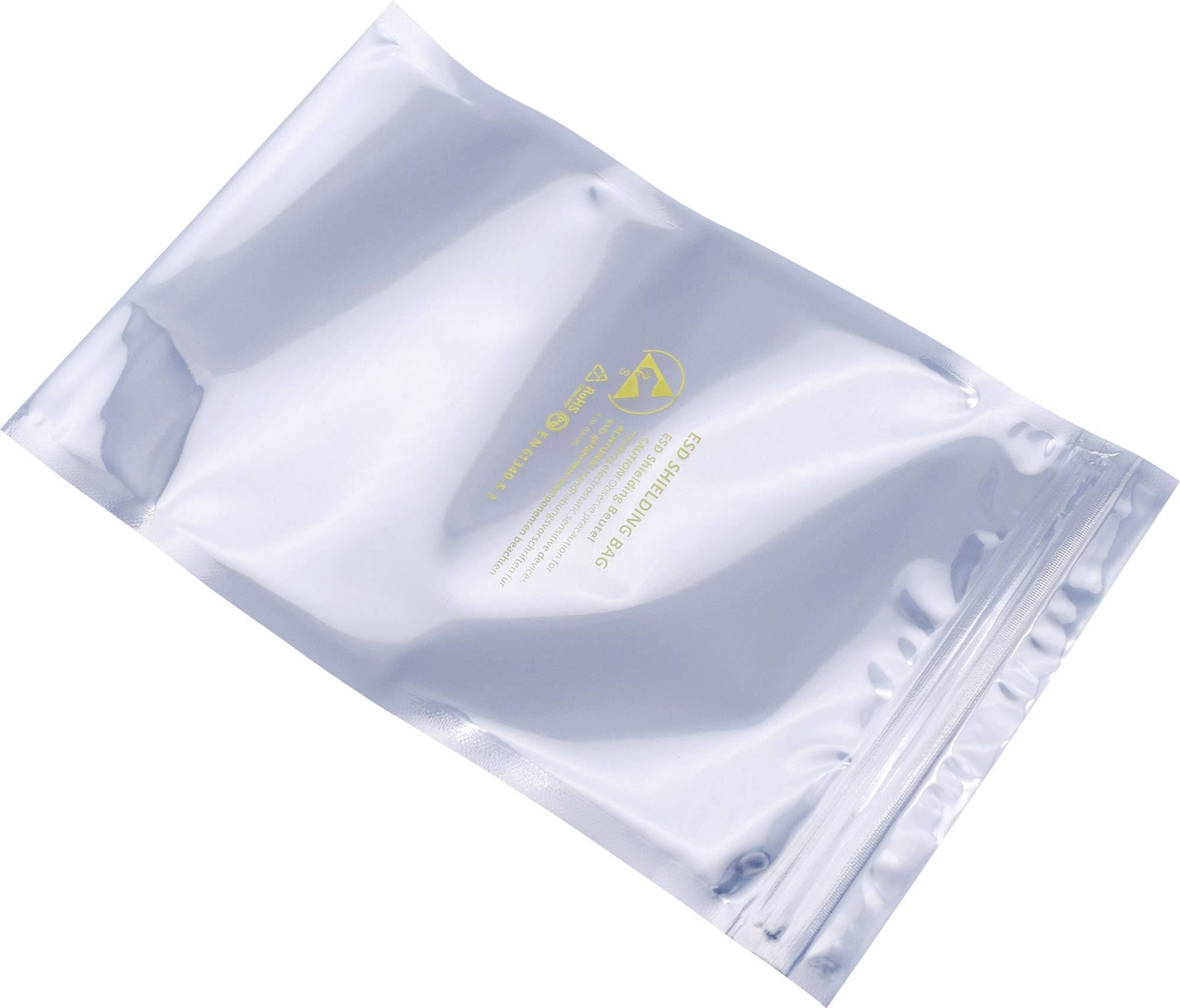 A silver, anti-static ziplock bag, commonly used to protect sensitive electronic devices.
