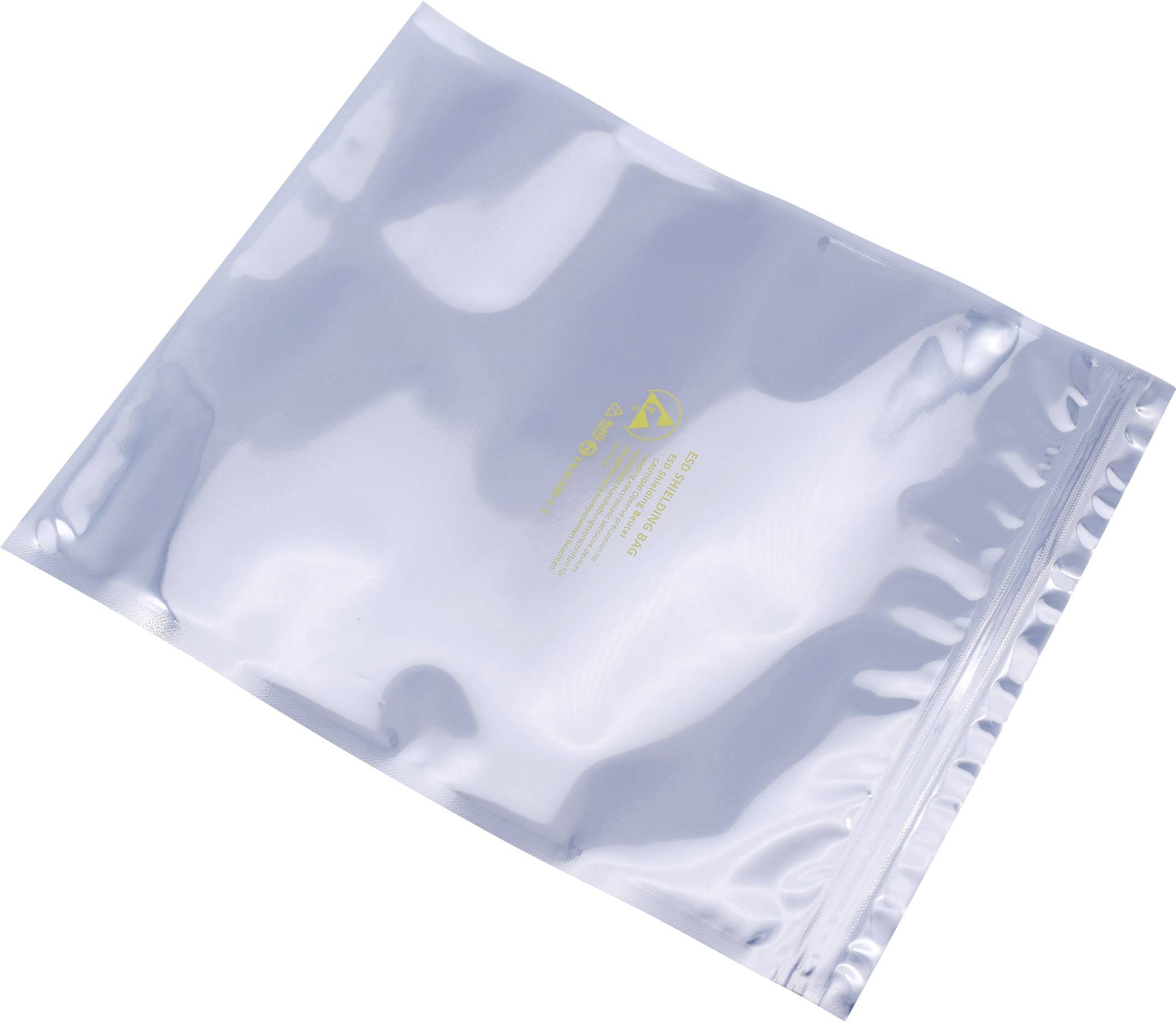 A silver anti-static bag with a seal, commonly used to protect electronic components from electrostatic discharge.