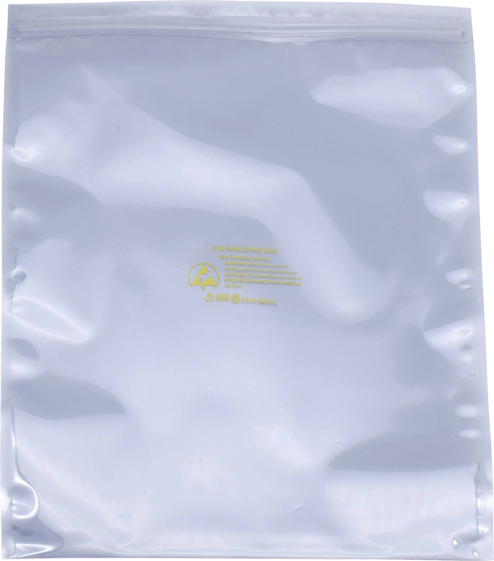 A transparent, metallised anti-static bag with symbols and warning labels in yellow, used to protect sensitive electronic components.