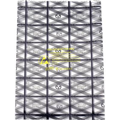 ESD protective packaging with a mesh pattern and yellow warning symbol, protecting electronic components from electrostatic discharge.