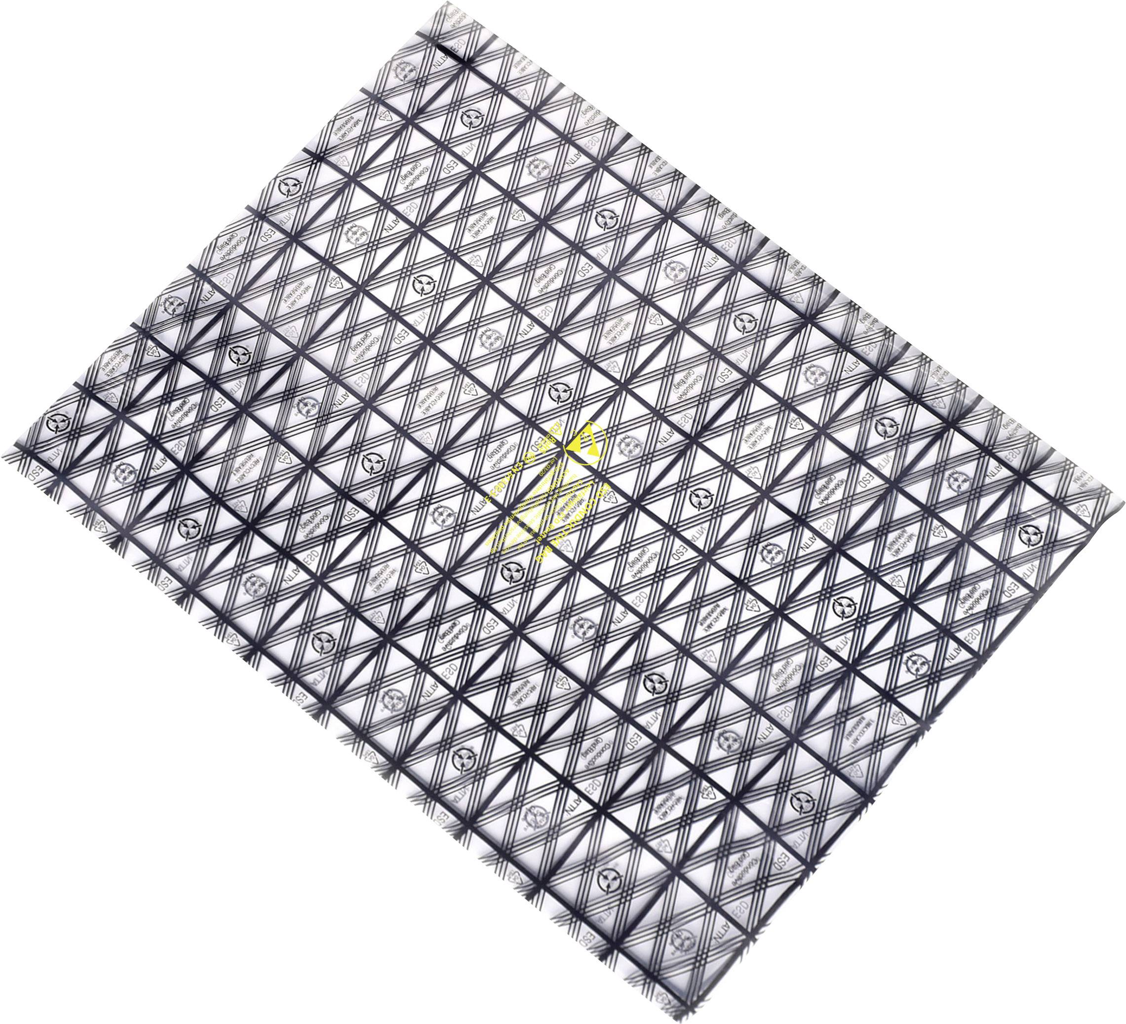 A silver, square structure with a diagonal lattice pattern, with a yellow triangle visible in its centre.