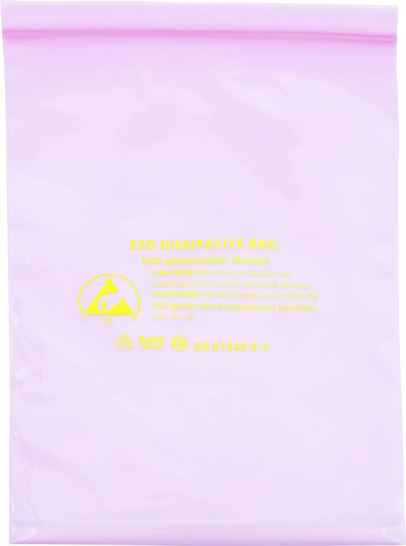 A pink, electrostatically dissipative bag with the inscription: 'ESD DISSIPATIVE BAG'. Contains warning notices about protection against static electricity.