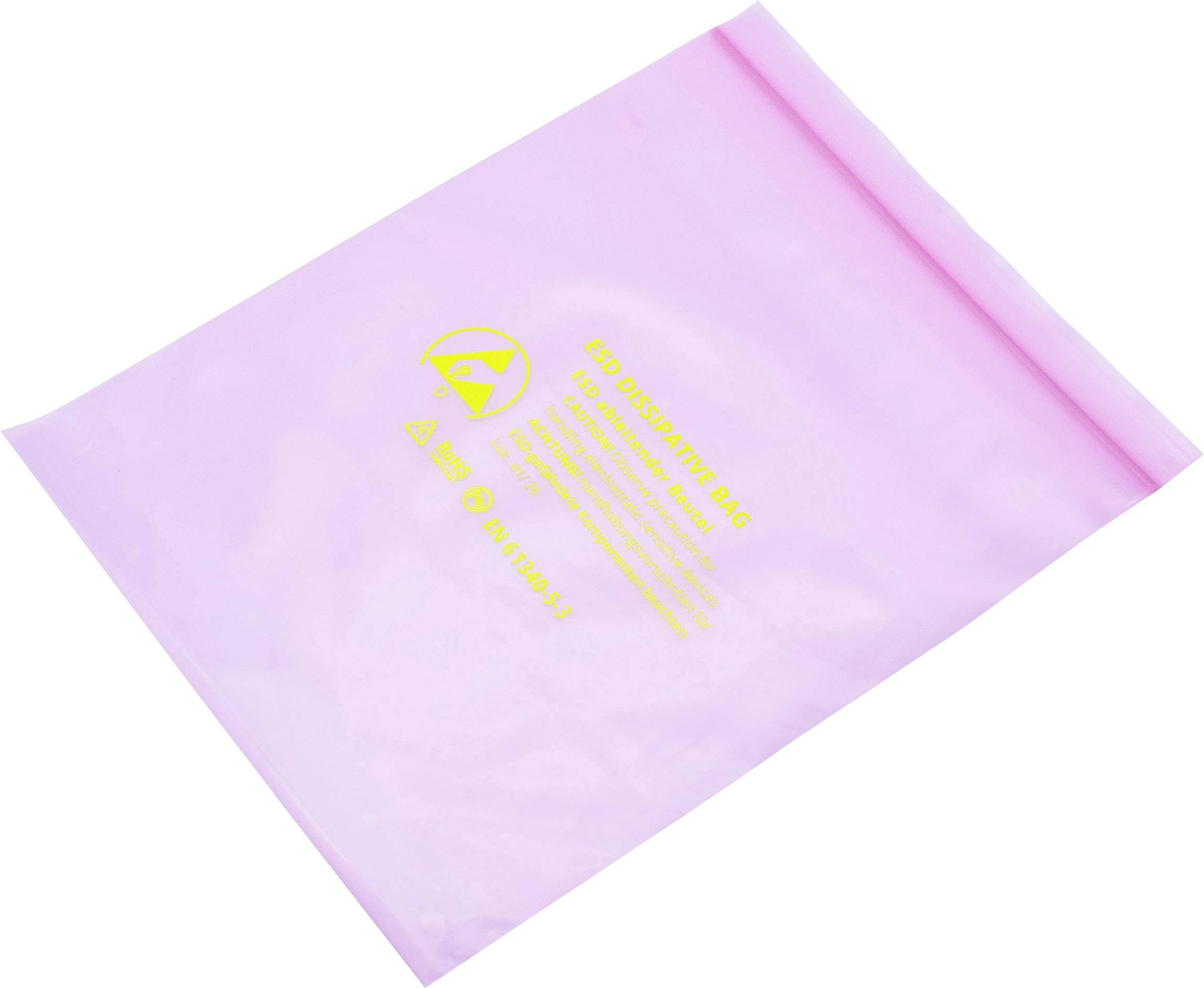 A pink, anti-static plastic bag with a yellow warning symbol and text indicating protection for electronic components.